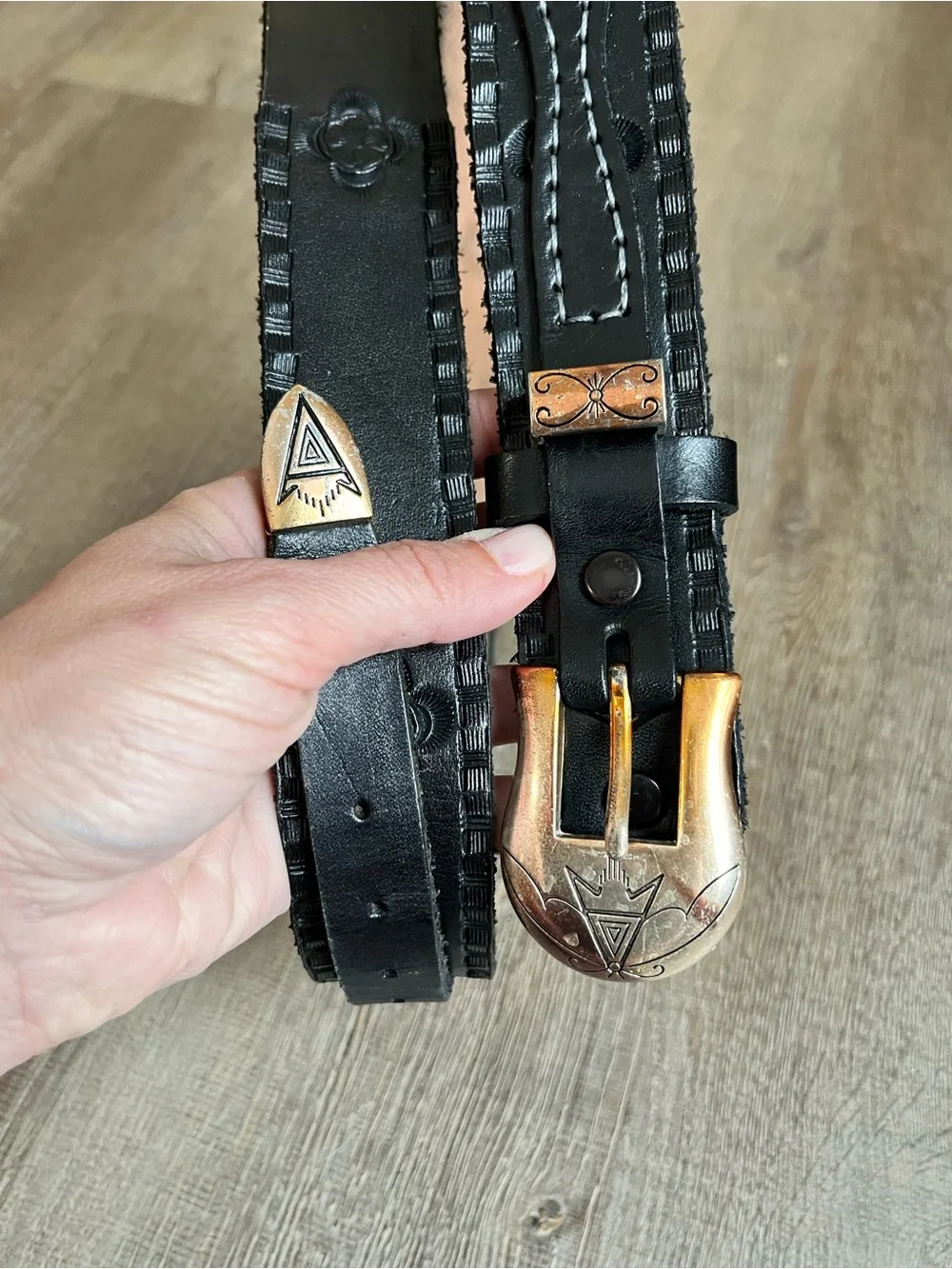 Handmade black leather belt southwestern silver tone buckle size 38/40 stamped